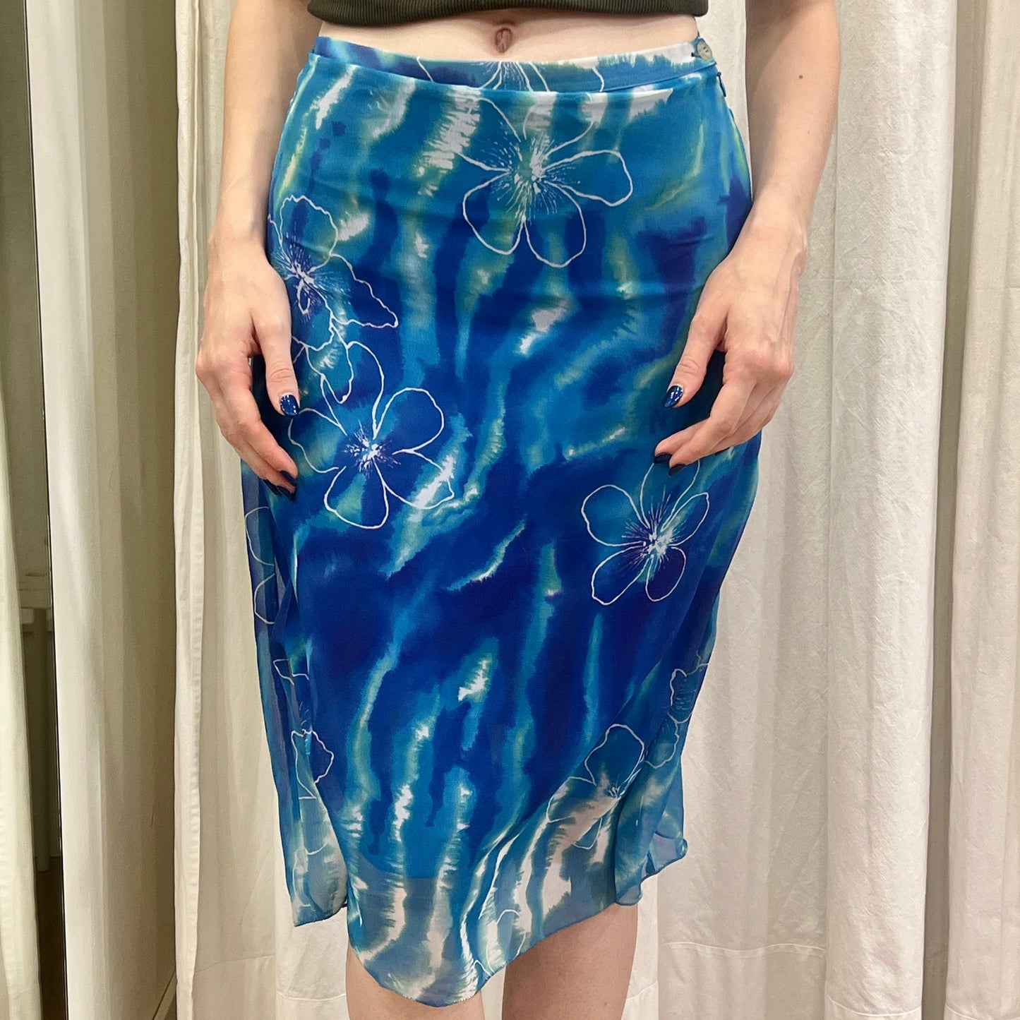 julian keen 00s blue high waisted skirt with hawaiian floral print