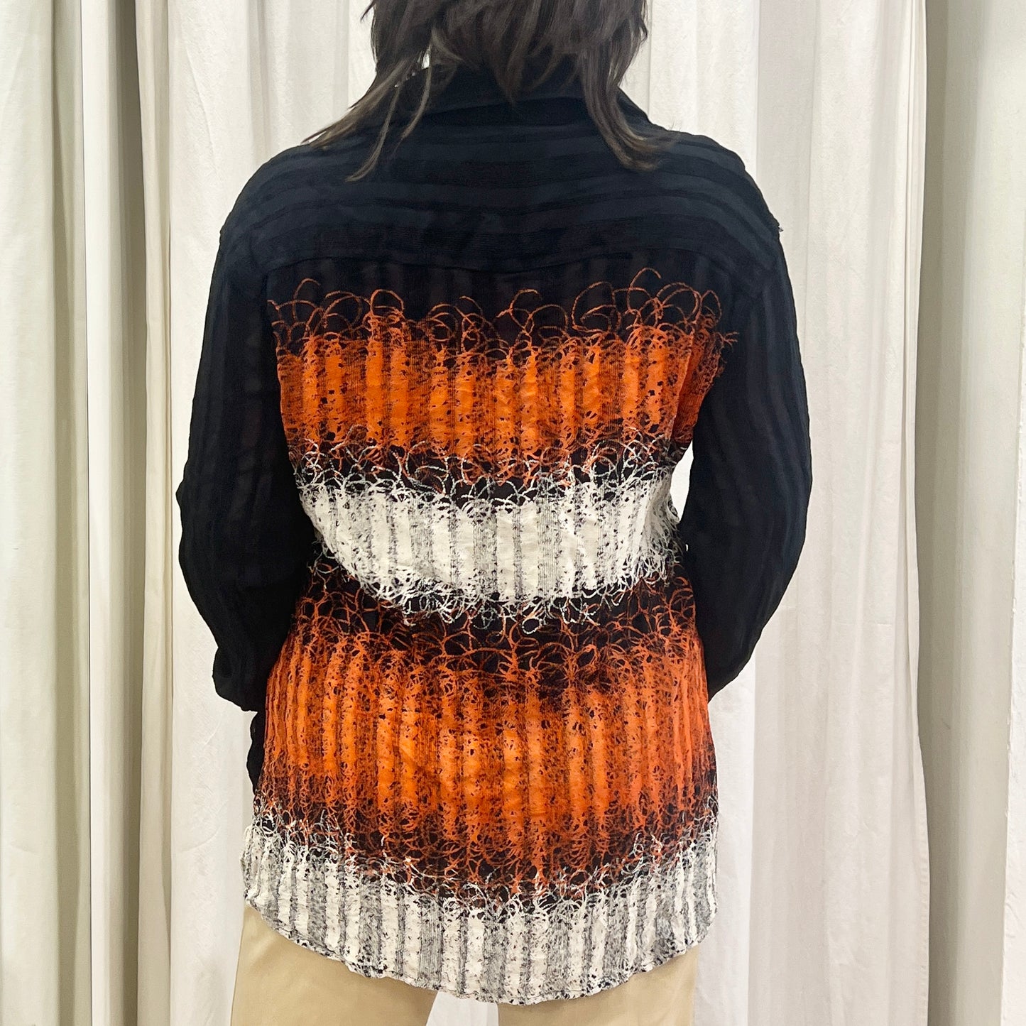 mondo 00s pleated black orange white striped shirt