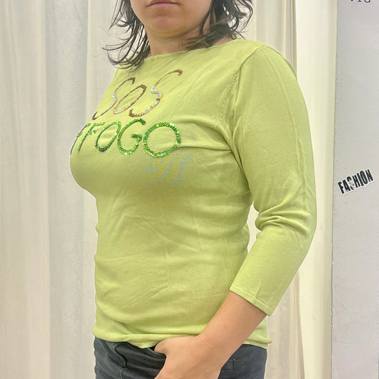 erotika 00s 'sos drowning' light green 3/4 sleeve sequin top