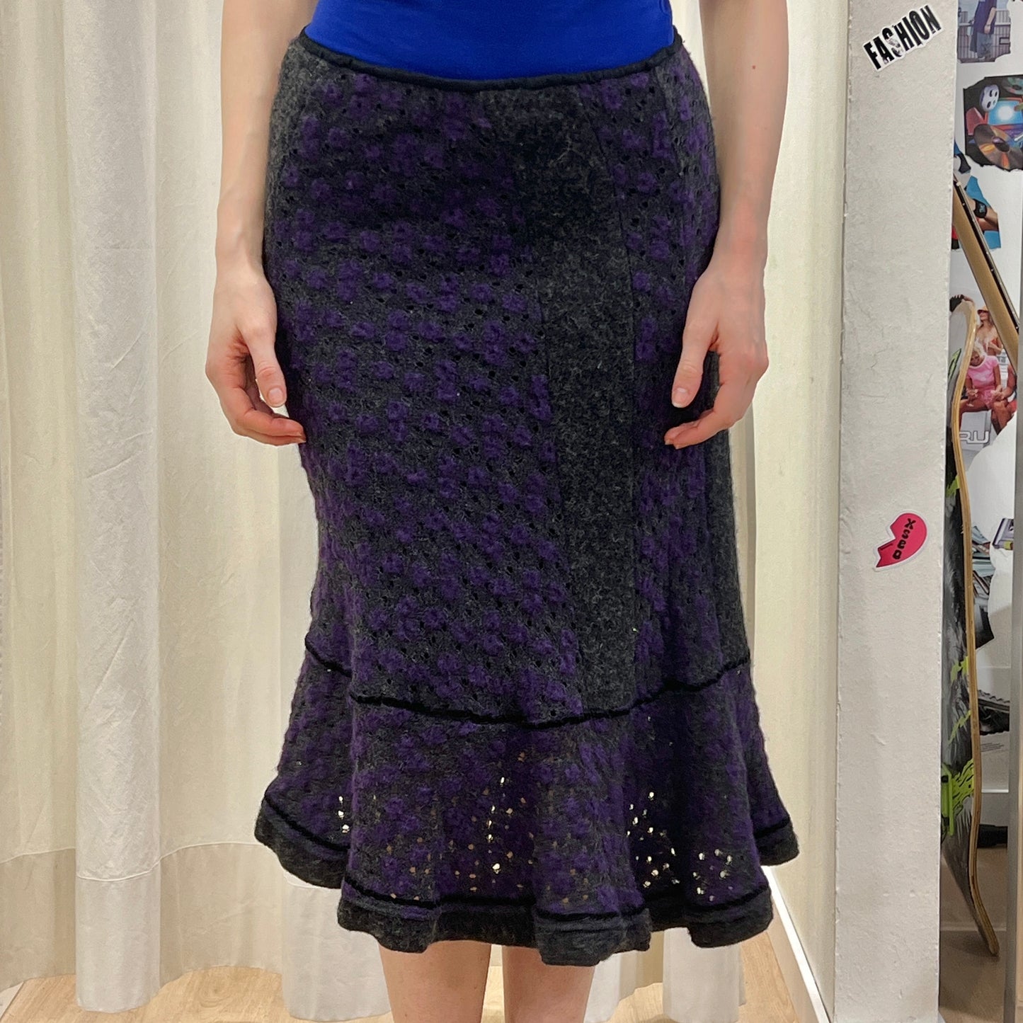 00s grey purple wool knit asymmetric midi skirt
