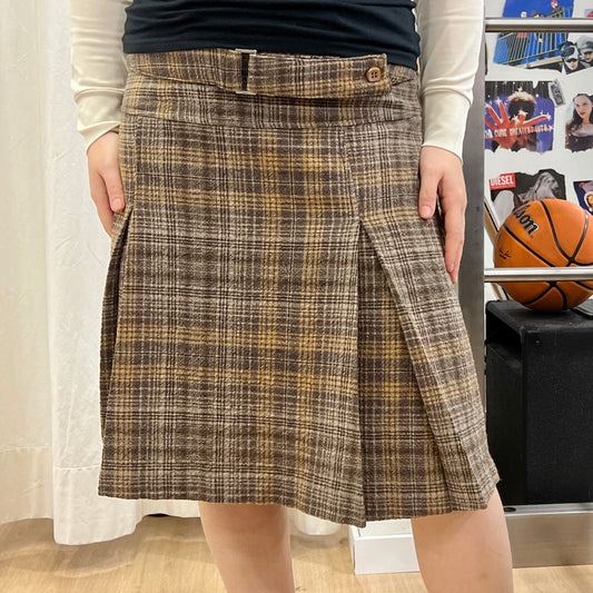 gonna midi plissettata in lana marrone a quadri ‘00s