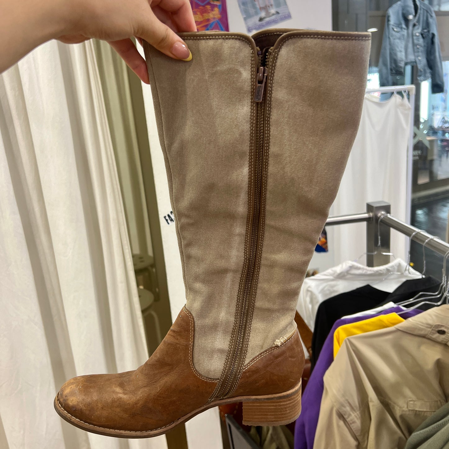 timberland brown leather beige canvas knee high equestrian boots