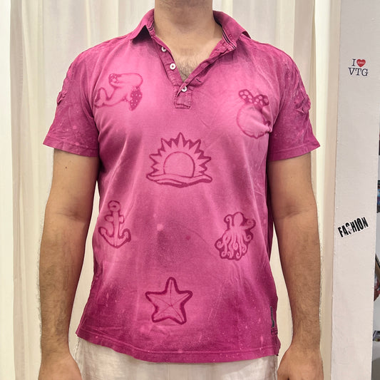 reworked fuchsia pink polo tshirt with under the sea bleach print