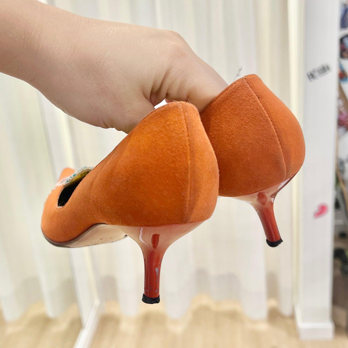 mariella burani 00s orange suede heels with colorful flower