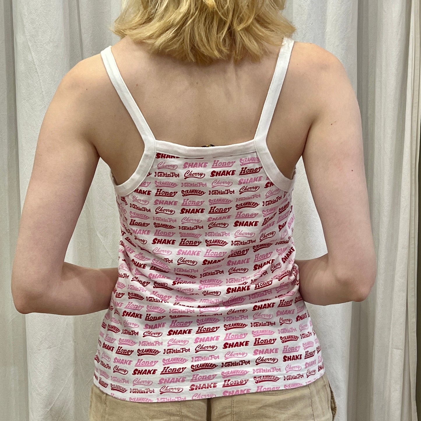 meltin pot 00s white cami top with pink words