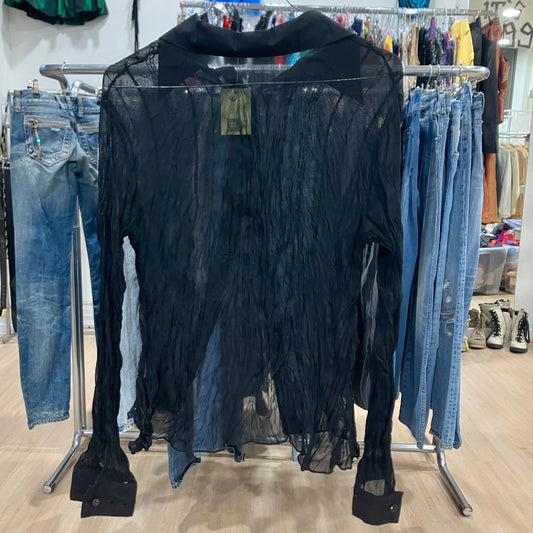 I.C.I.E. 90s black sheer silk crinkled shirt with sequin embroidery