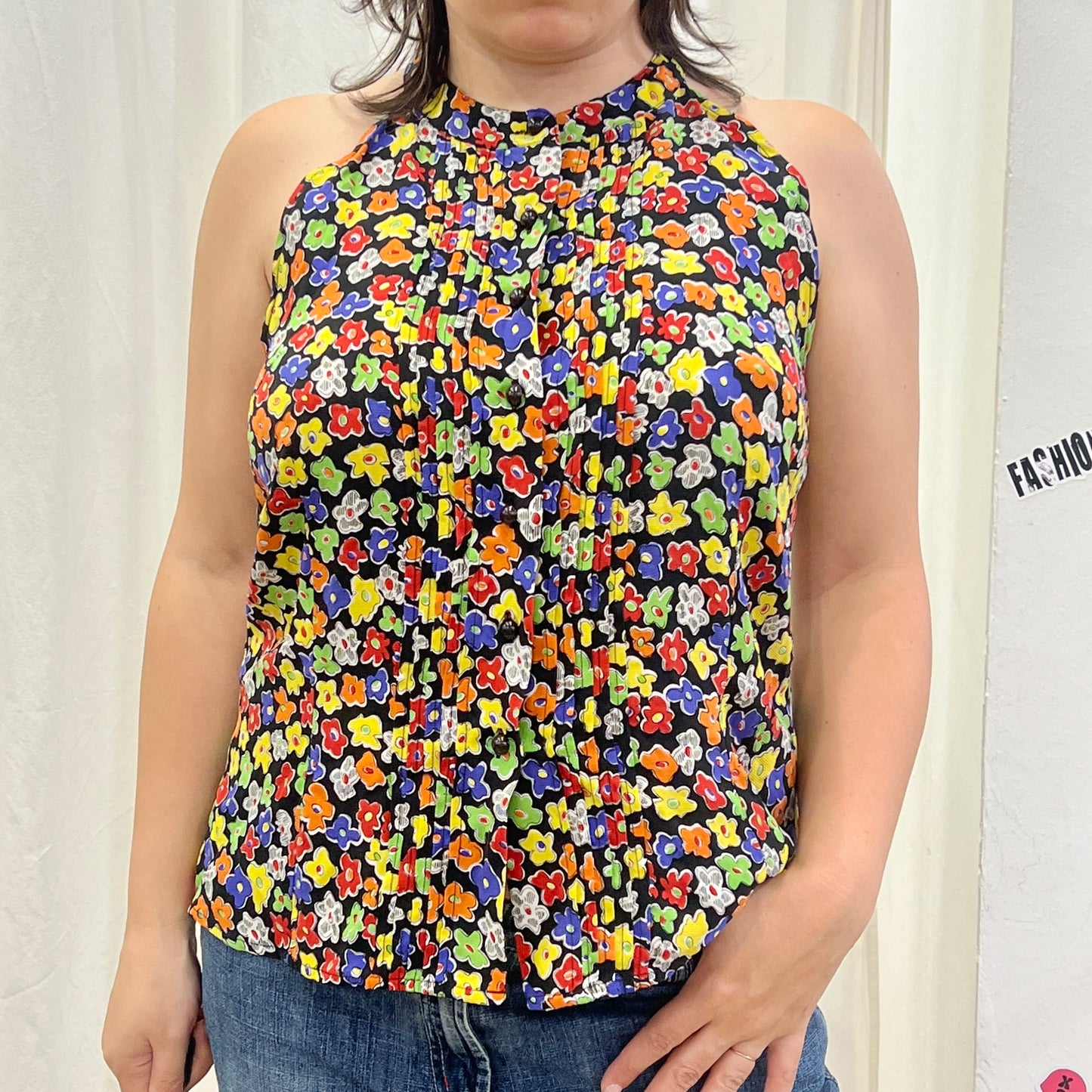 laura biagiotti bear's bazaar 90s black silk sleeveless shirt with colorful floral print