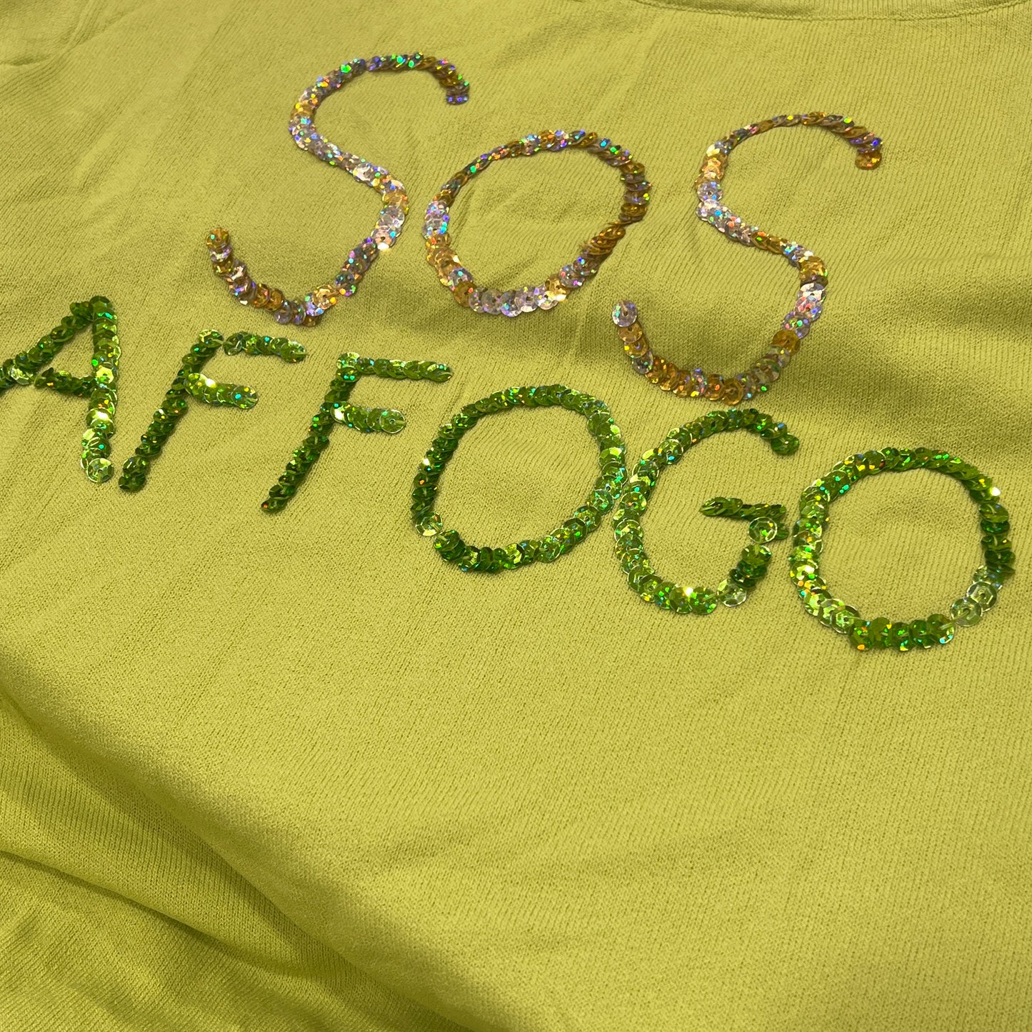 erotika 00s 'sos drowning' light green 3/4 sleeve sequin top