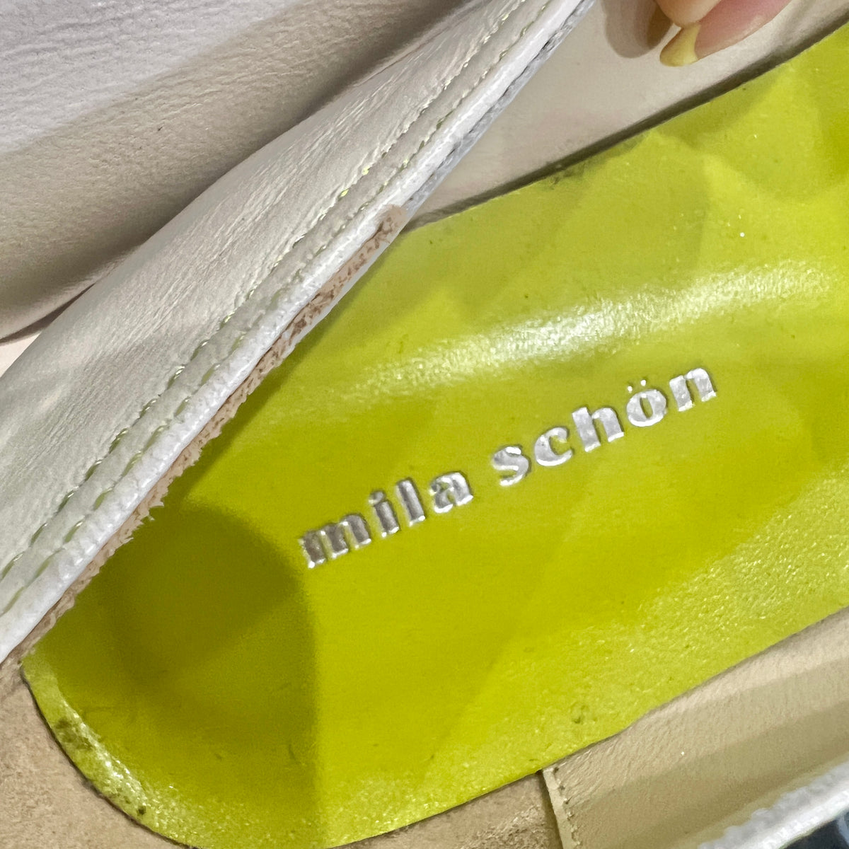 mila schon white leather lime green interior ballet flats