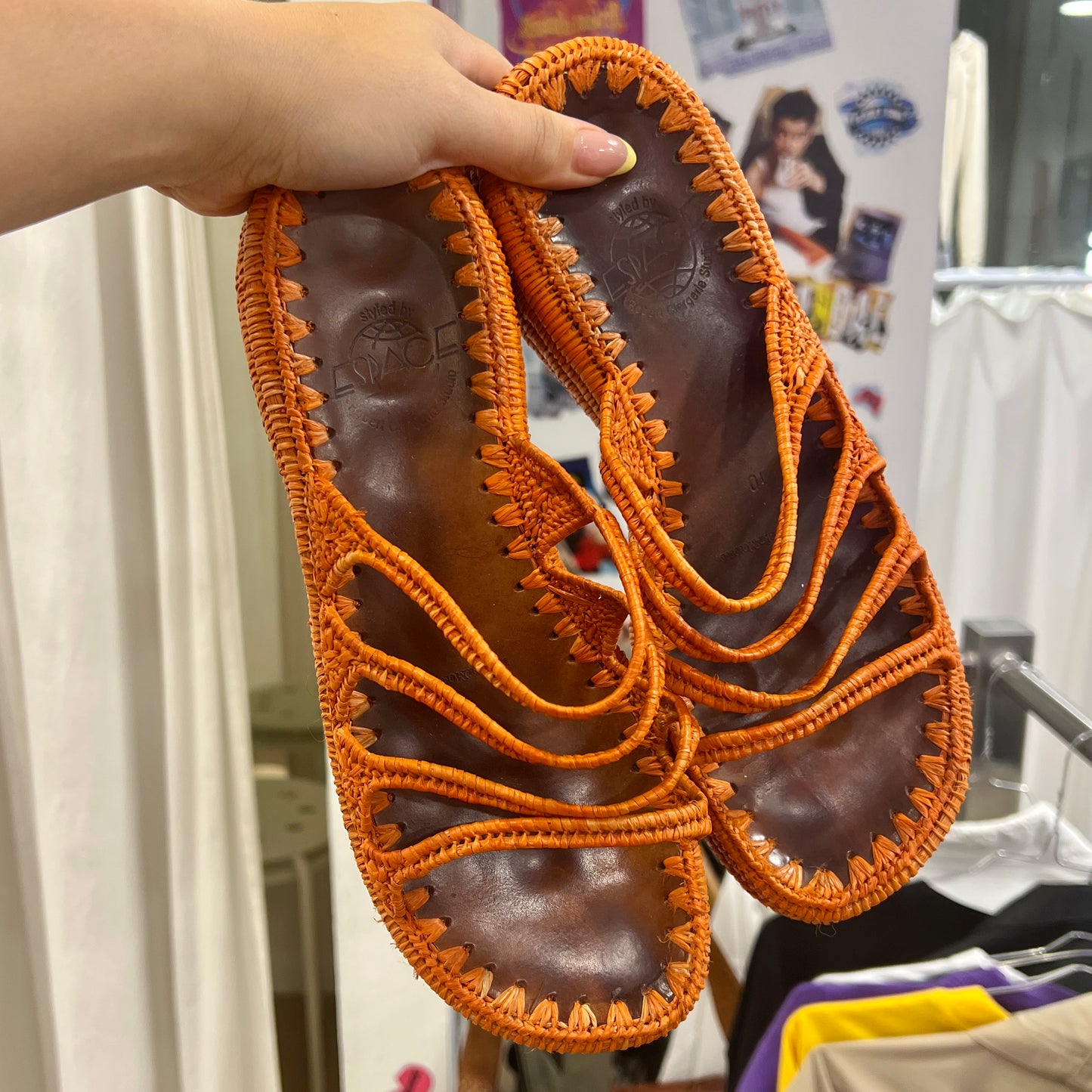 espace 00s orange woven raffia brown leather sandals