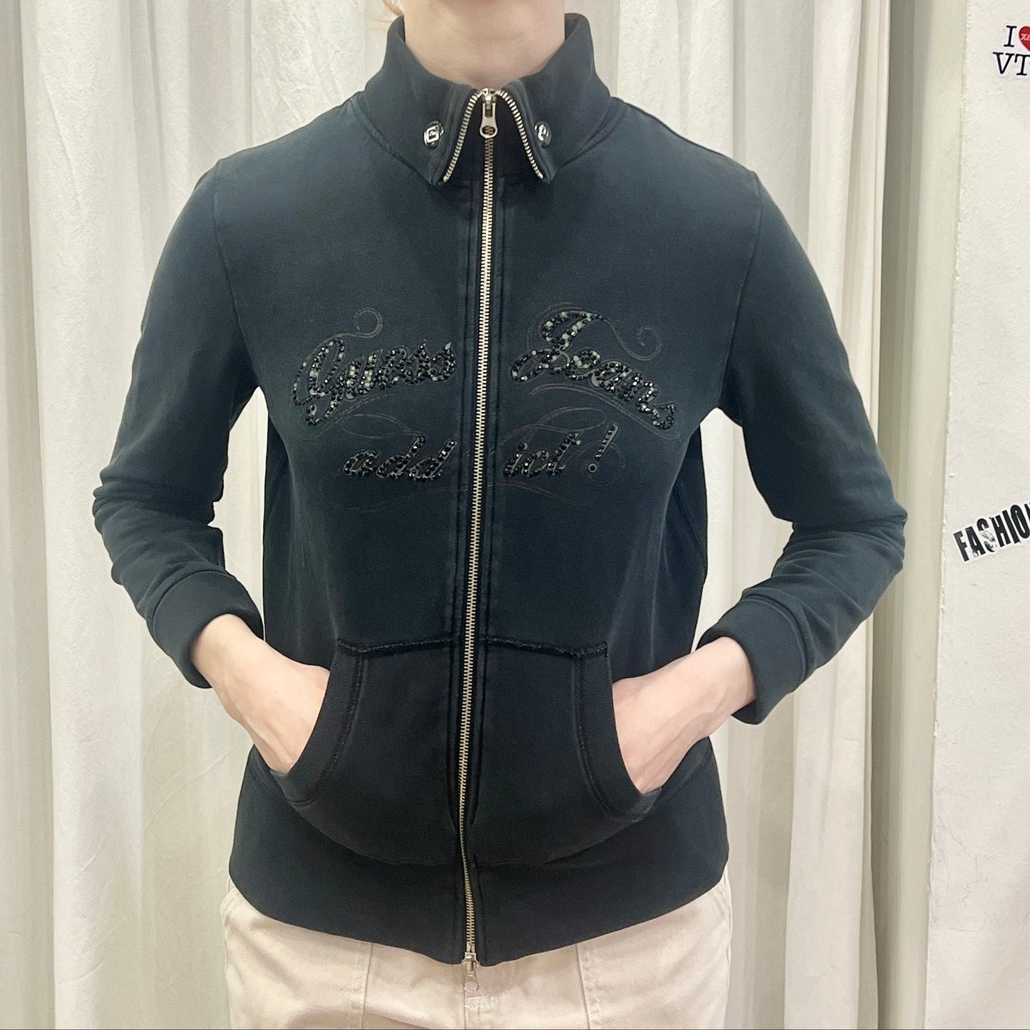 guess 00s black zip up sweatshirt with rhynestone cursive logo