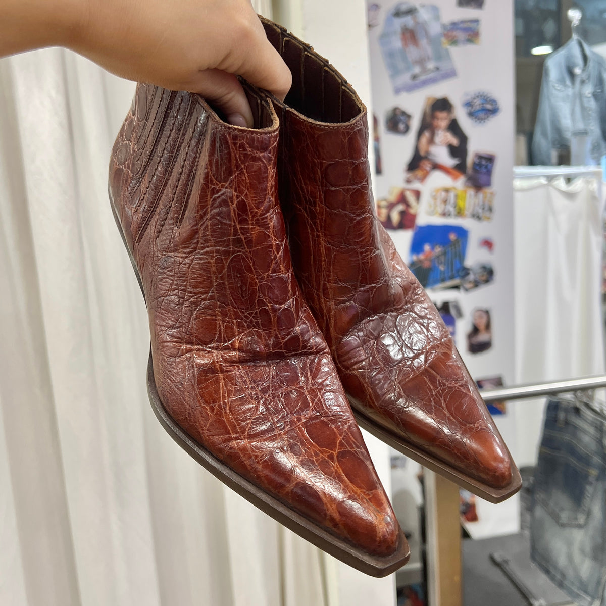 the saddler brown croc print leather cowboy ankle boots