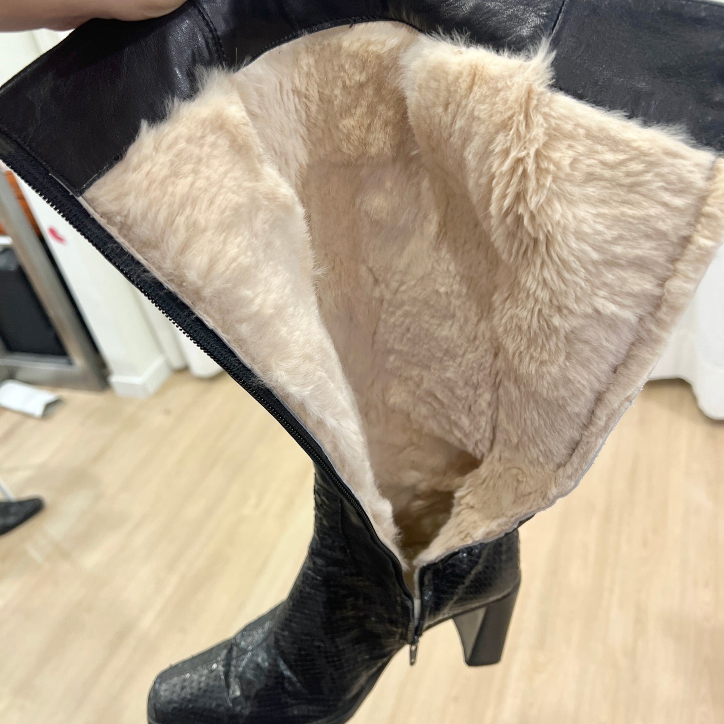00s black snake print leather square heel knee high boots with fur lining