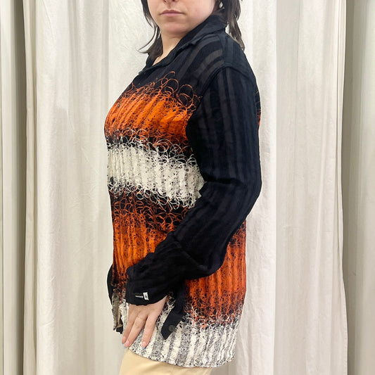 mondo 00s pleated black orange white striped shirt