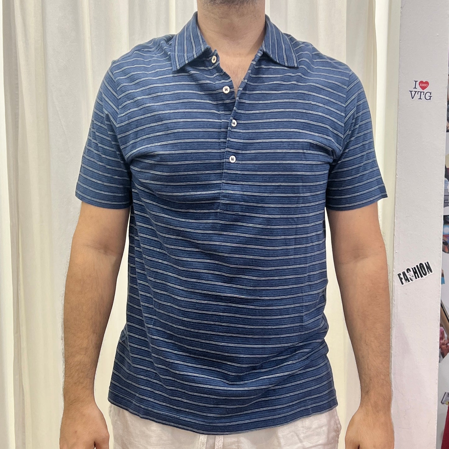 sisley navy blue striped tshirt with polo collar