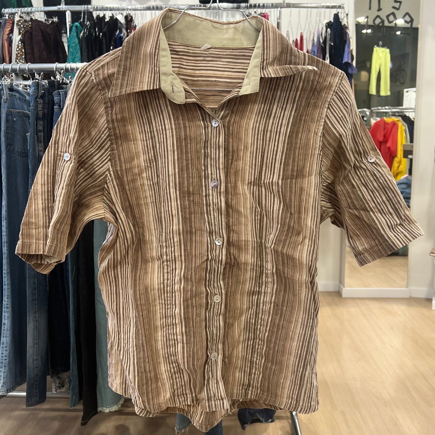 brown striped linen short sleeve shirt