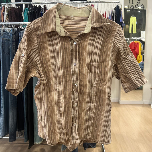 brown striped linen short sleeve shirt