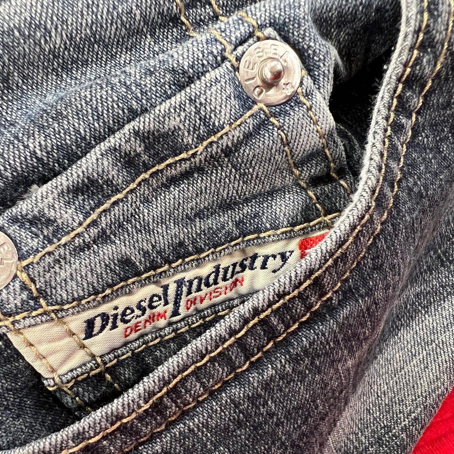 Close-up of a Diesel denim label on a pair of jeans