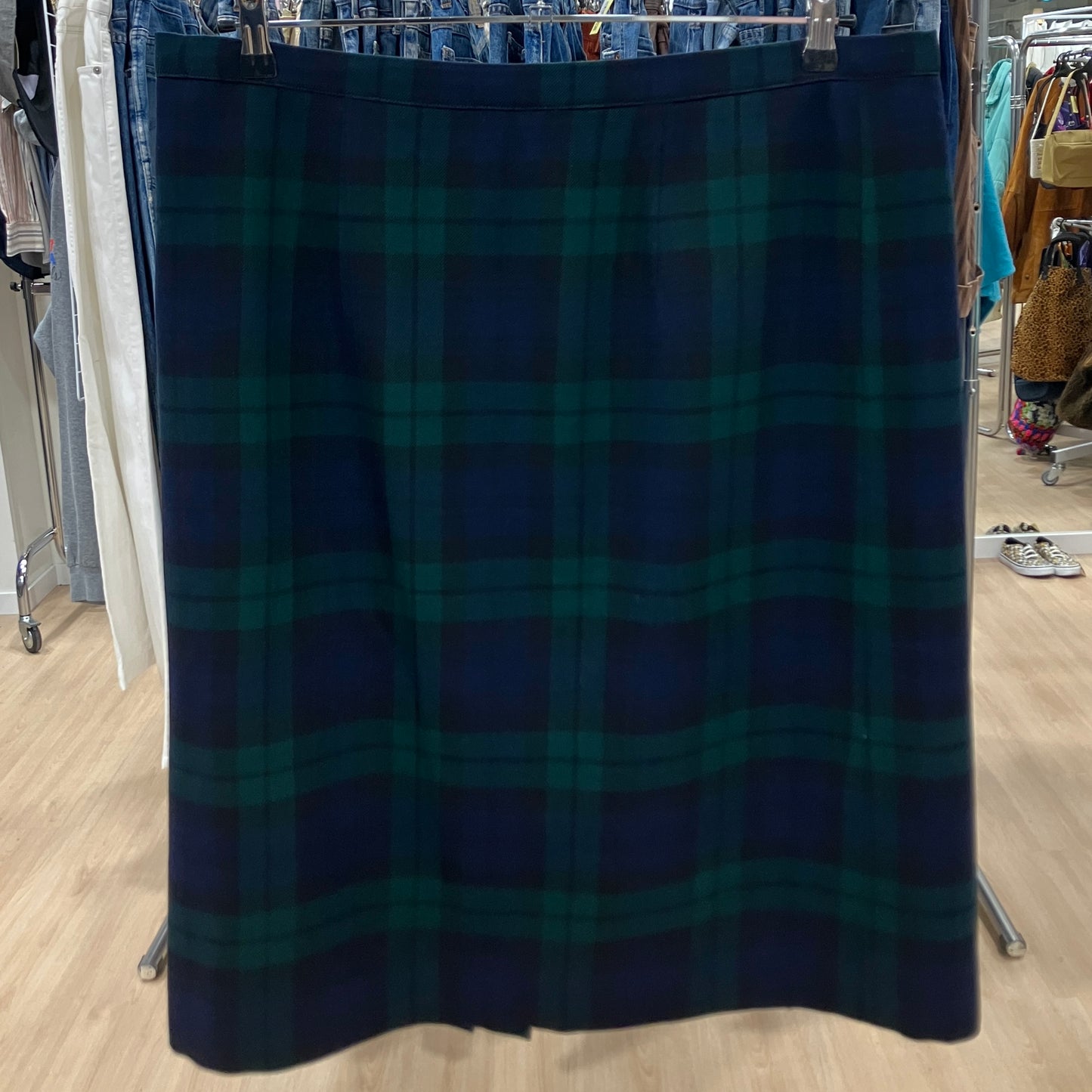 90s sartorial navy blue green wool tartan checkprint pencil skirt