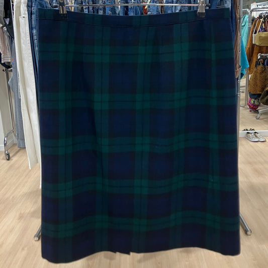 90s sartorial navy blue green wool tartan checkprint pencil skirt