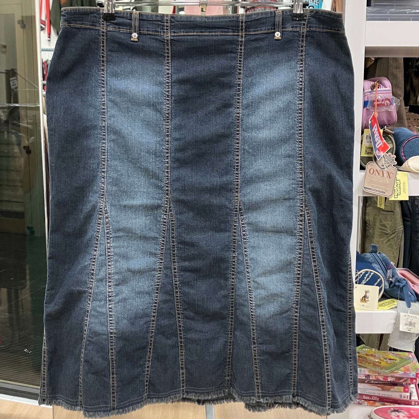 marina rinaldi sport 00s washed denim midi skirt with fringed trim