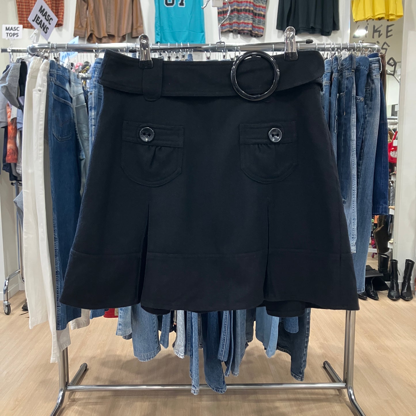 promod 00s black wool blend pleated mini skirt with belt