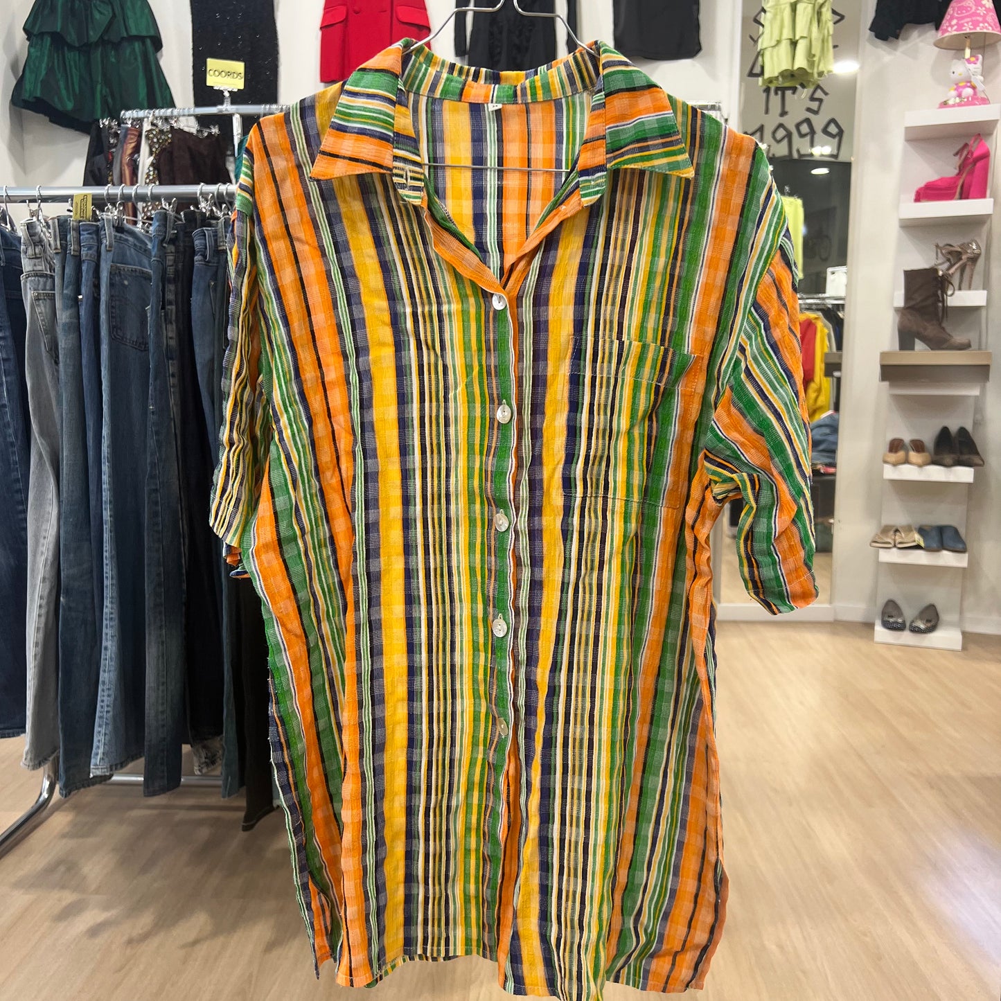 green orange striped short sleeve shirt