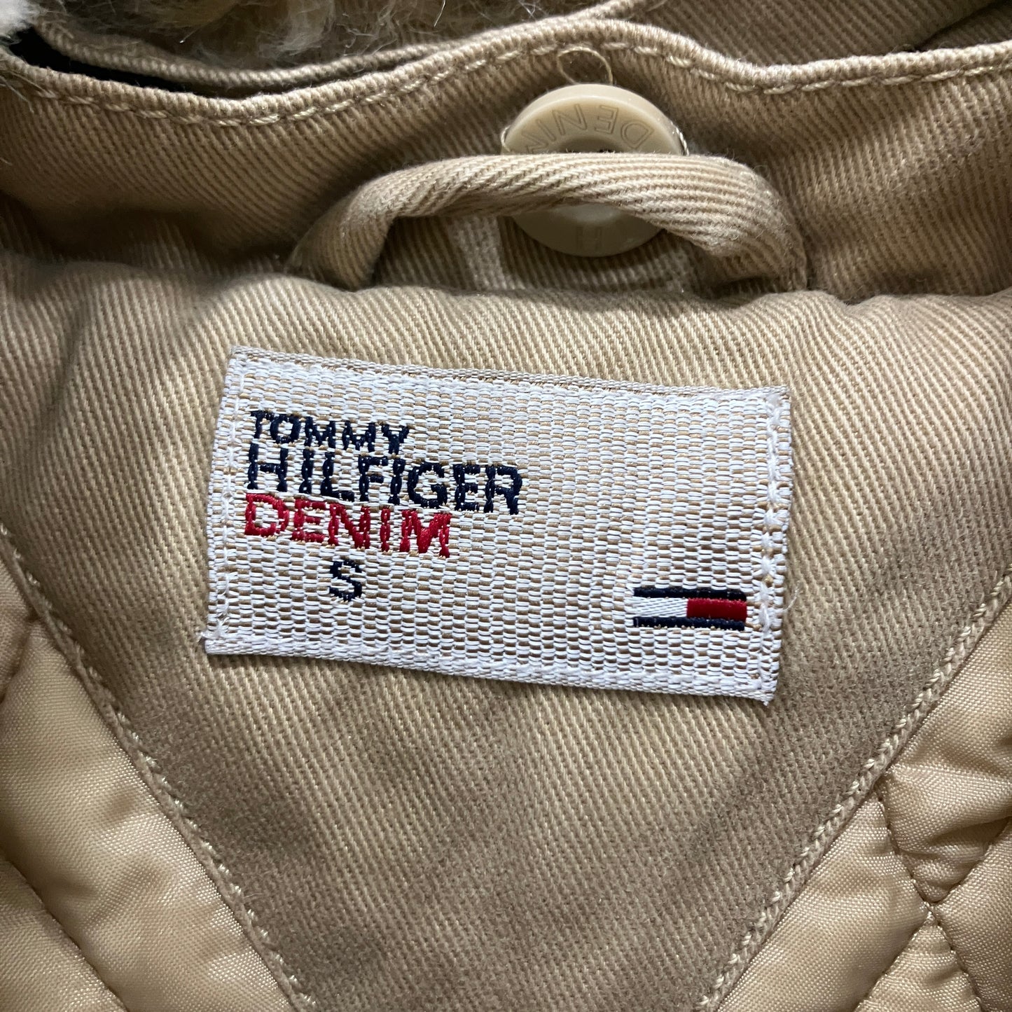 tommy hilfiger 00s beige parka coat with faux fur hood