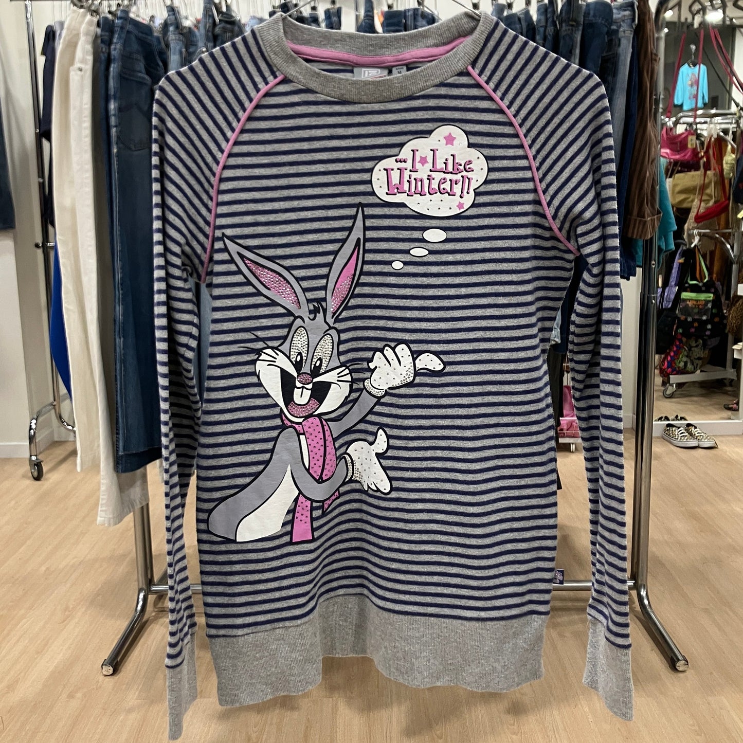 campagnolo 00s grey black striped long sleeve top with pink bugs bunny graphic