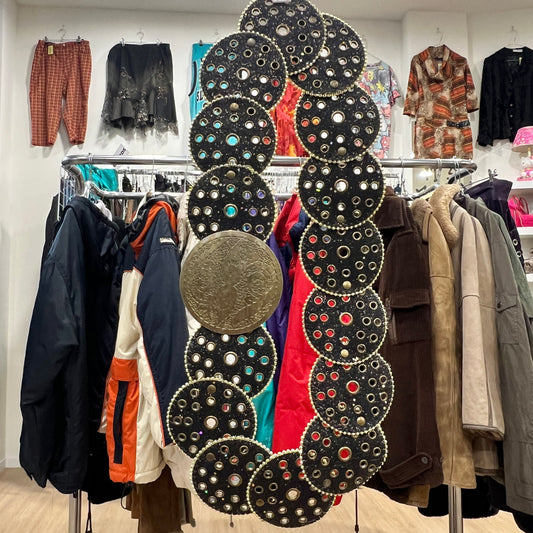 00s black glitter disc belt with 70s tribal brass metal buckle