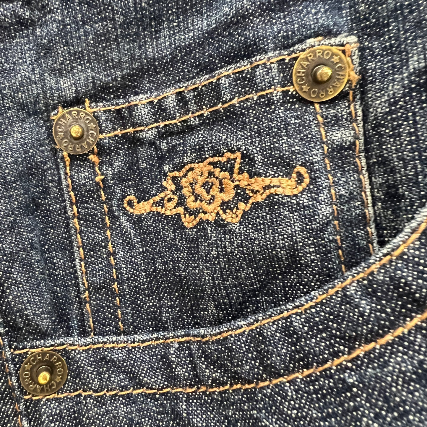 Close-up of a denim pocket with decorative stitching and buttons