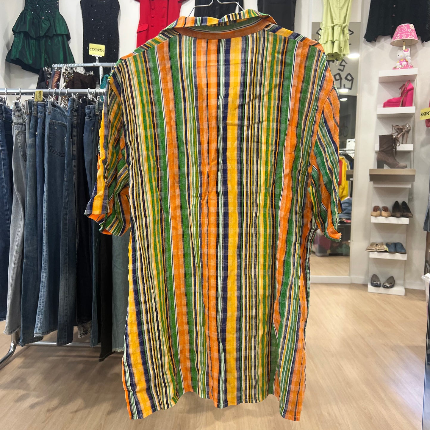 green orange striped short sleeve shirt