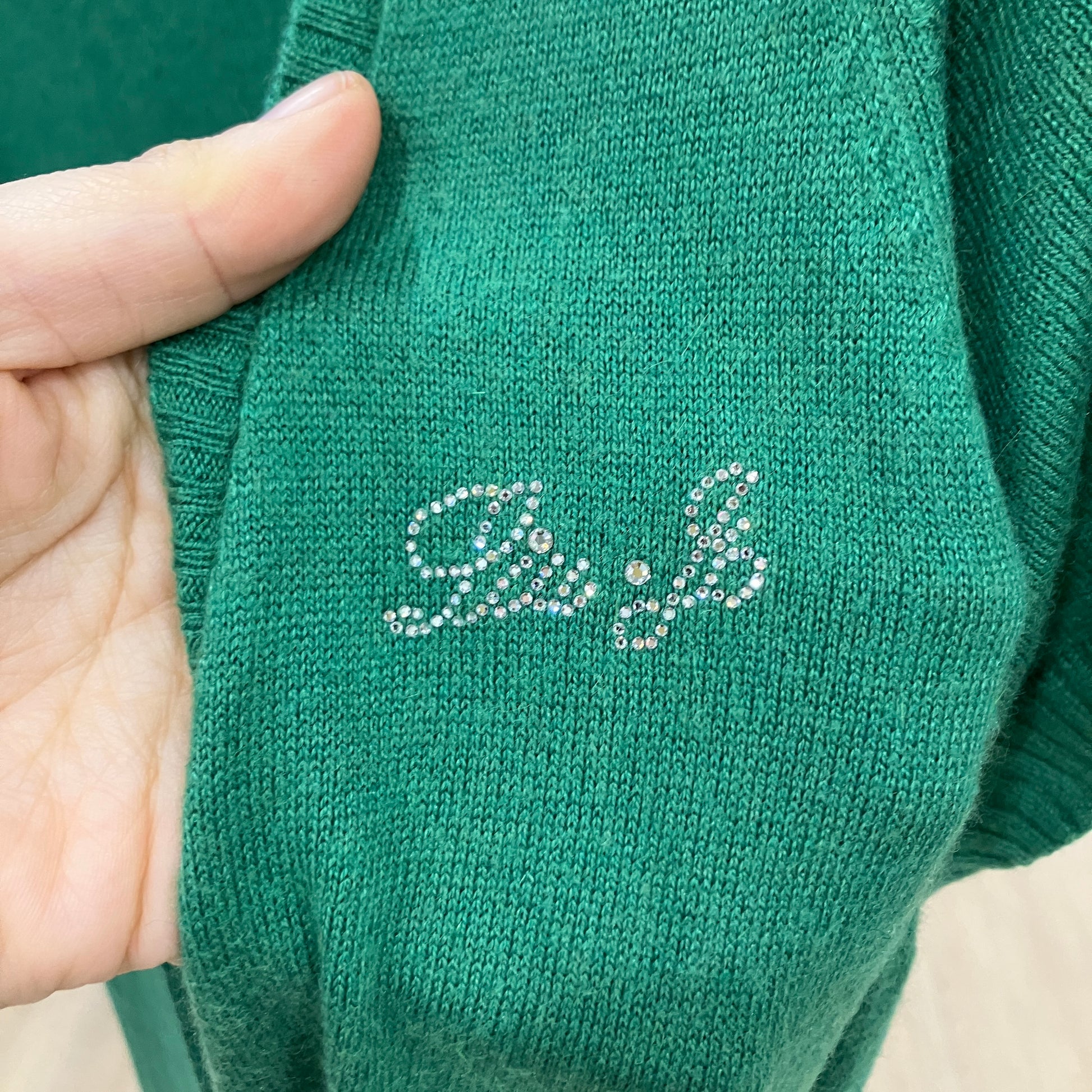 Green sweater with 'liu jo' embroidered in rhinestones held by a hand