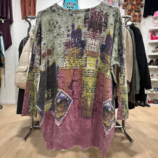 Colorful patterned sweater on a rack in a store setting