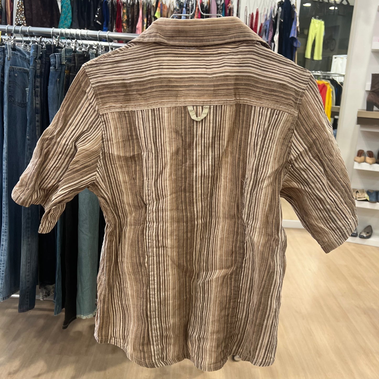 brown striped linen short sleeve shirt