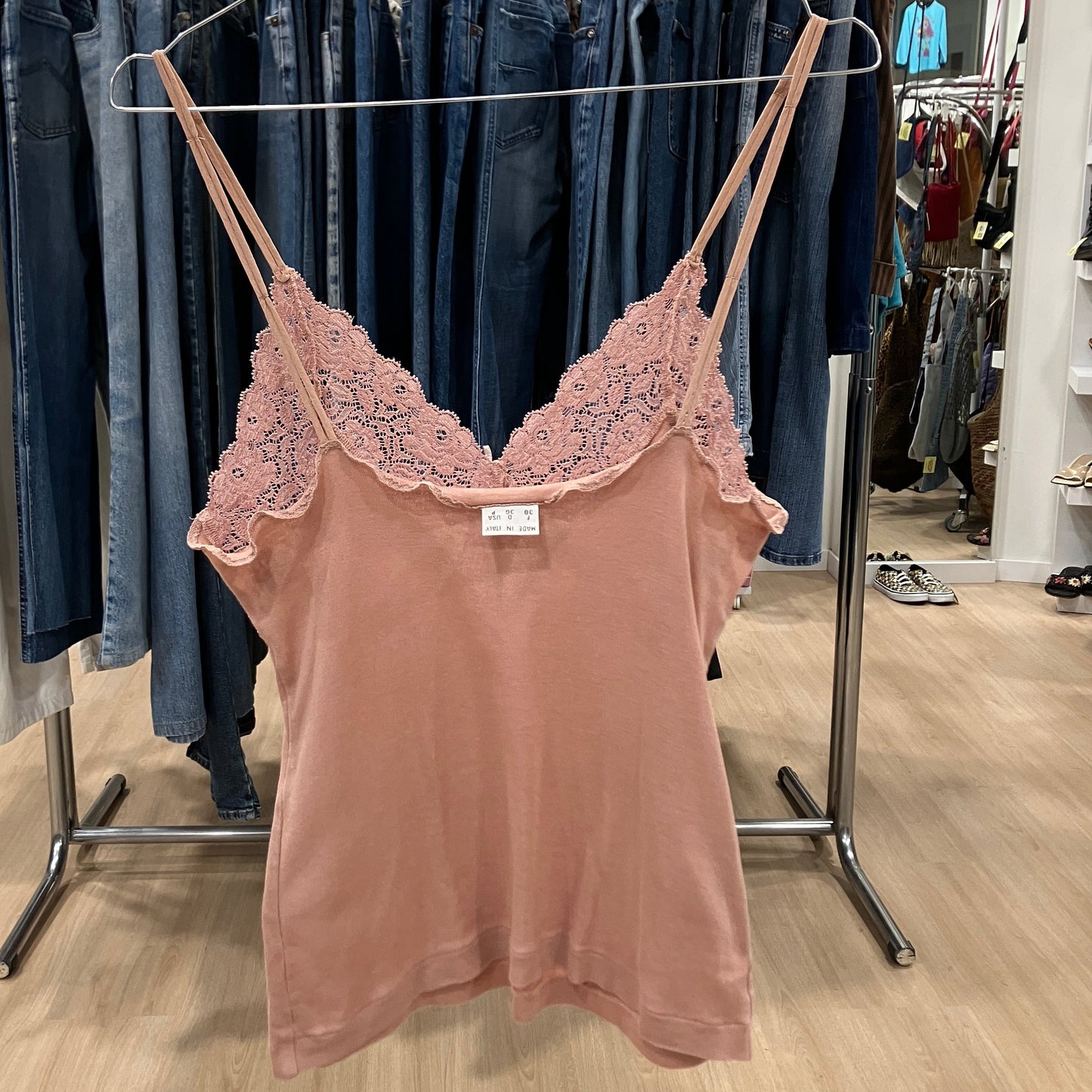 malizia la perla 00s dusty pink ribbed cami top with lace