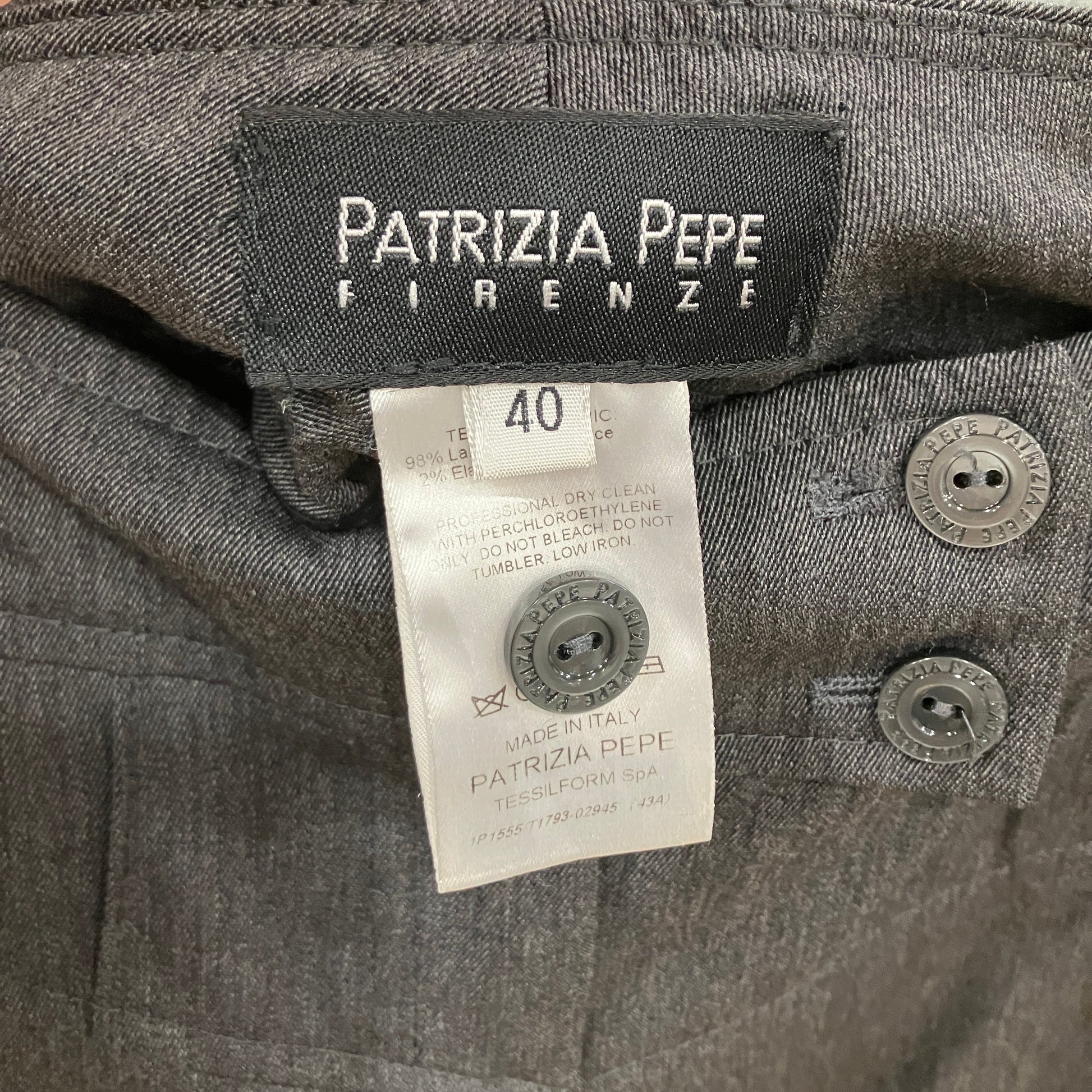 Gray fabric with Patrizia Pepe label and size tag