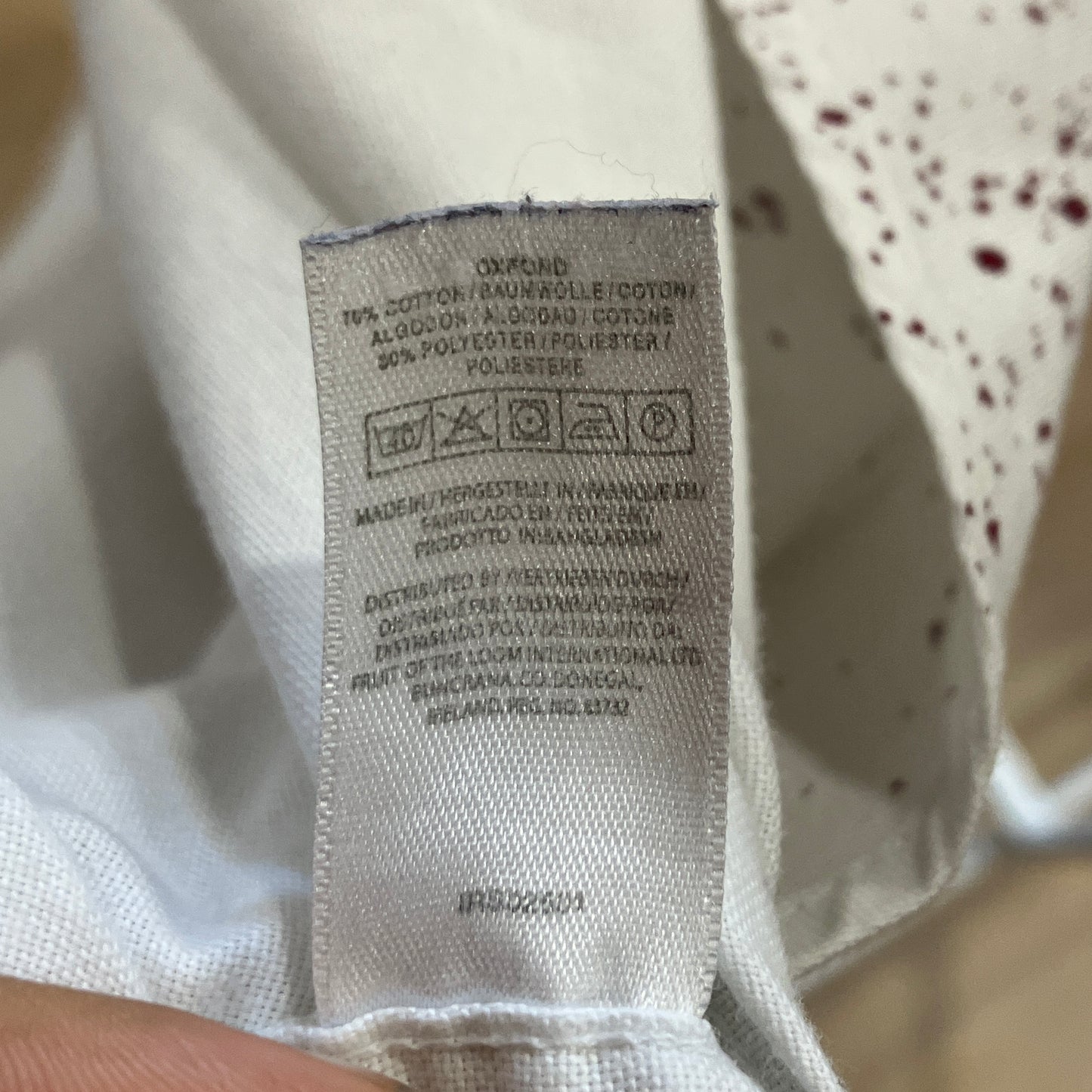 Clothing label on a white fabric background