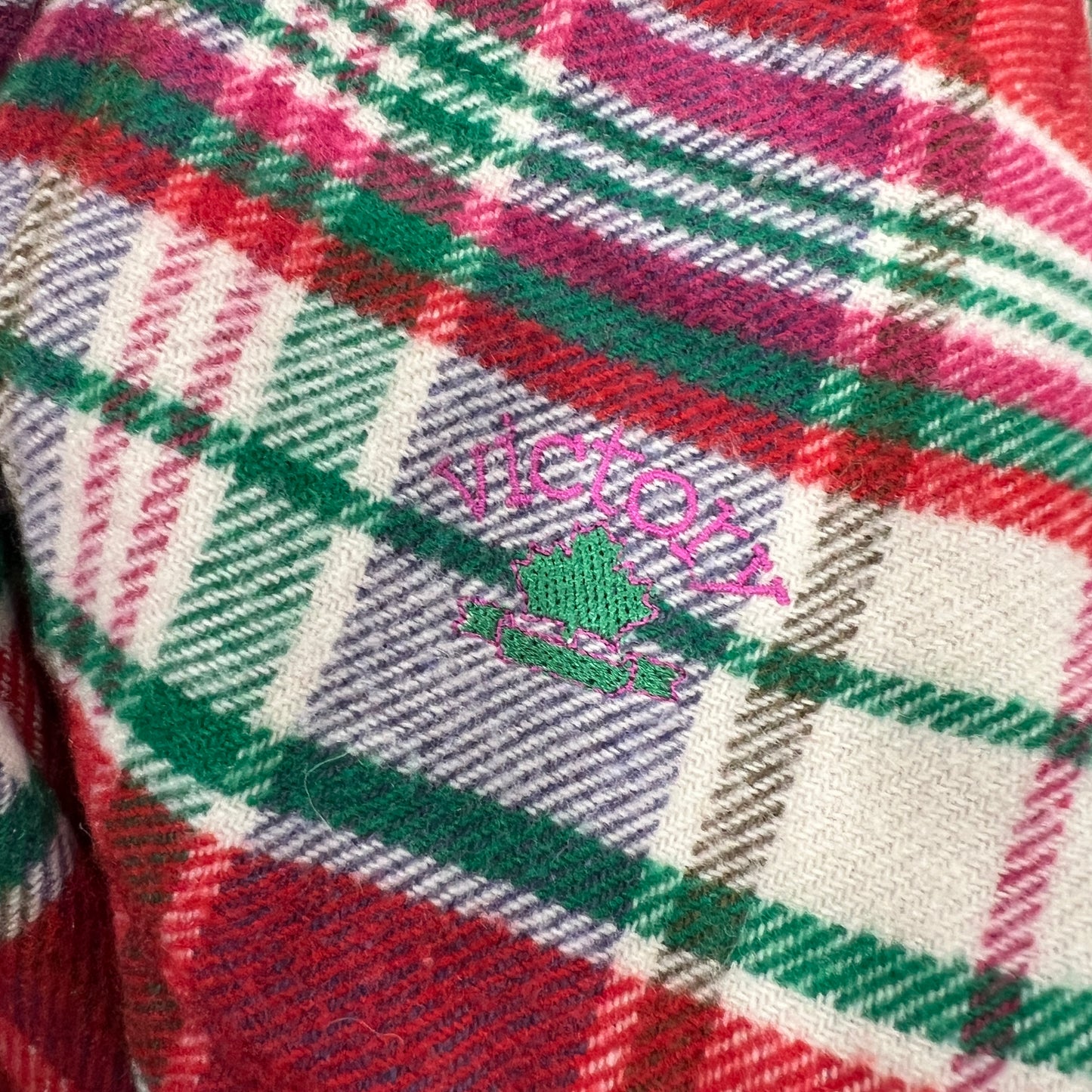 Plaid fabric with 'Victoria's Secret' logo in the center