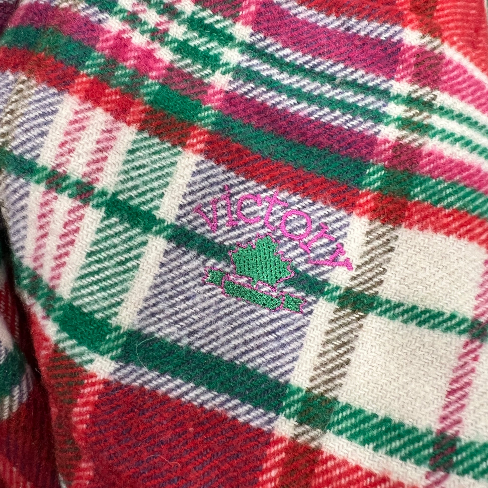 Plaid fabric with 'Victoria's Secret' logo in the center