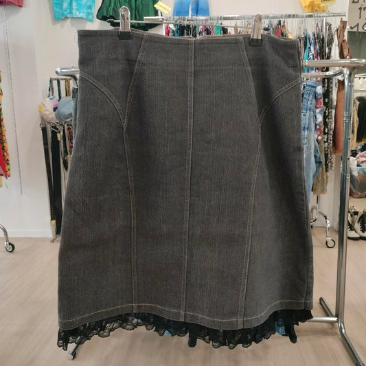 dark grey denim midi skirt with lace