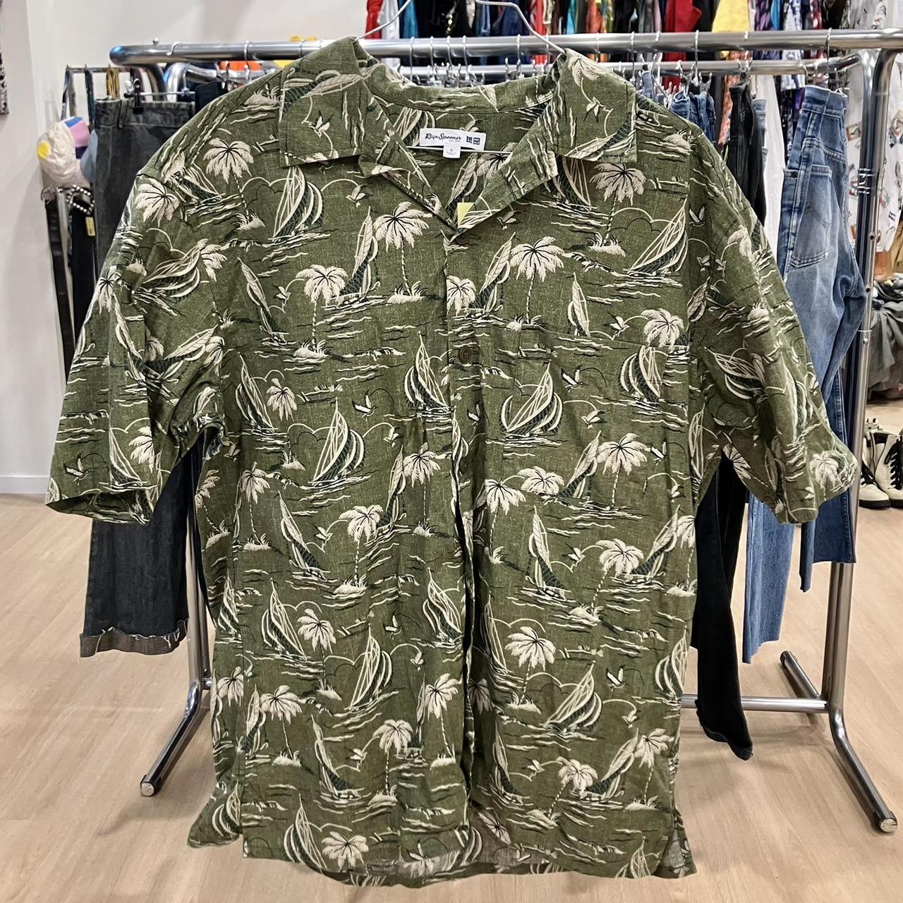 Reyn Spooner army green and white Hawaiian shirt