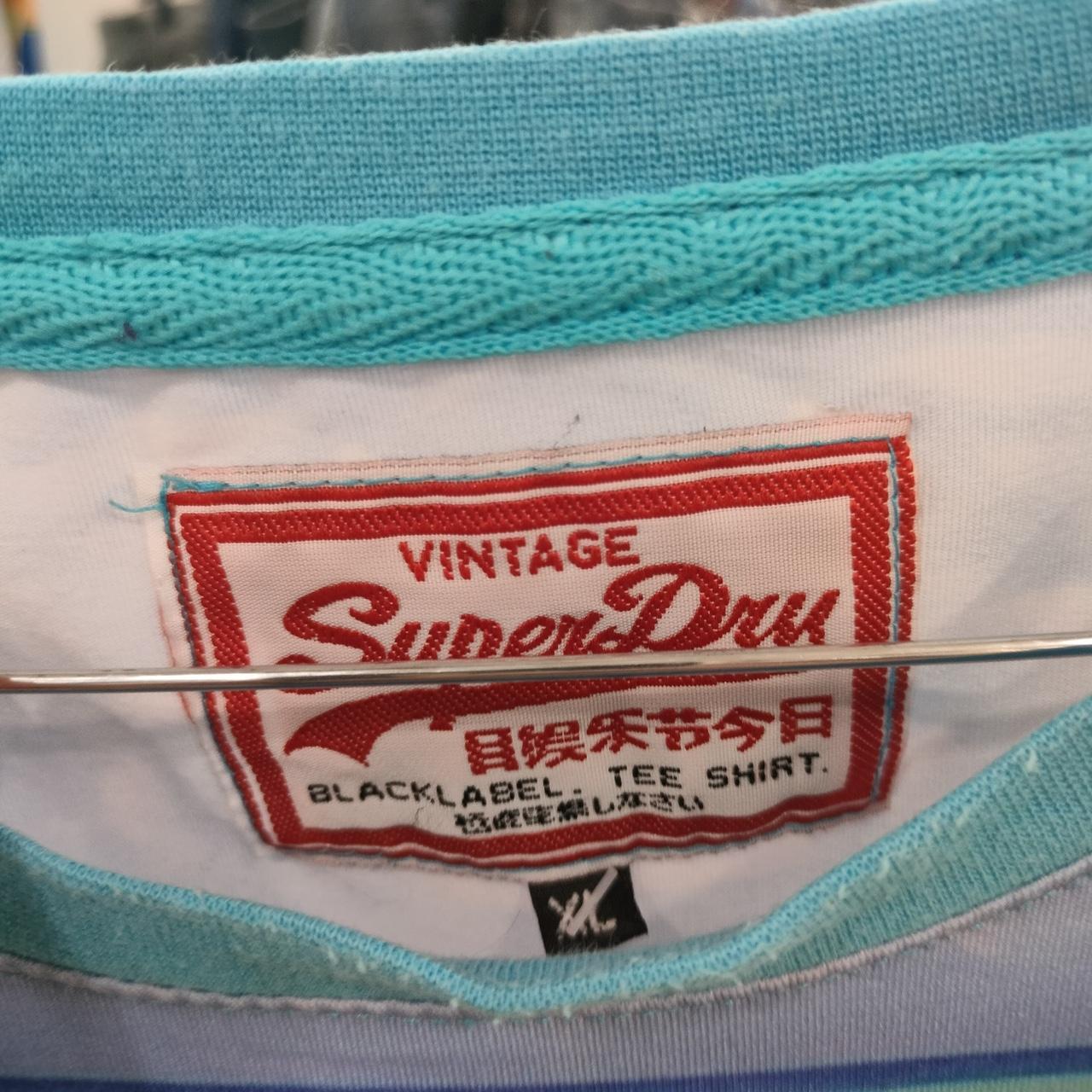 Close-up of vintage SuperDry Blacklabel tee shirt collar and embroidered label