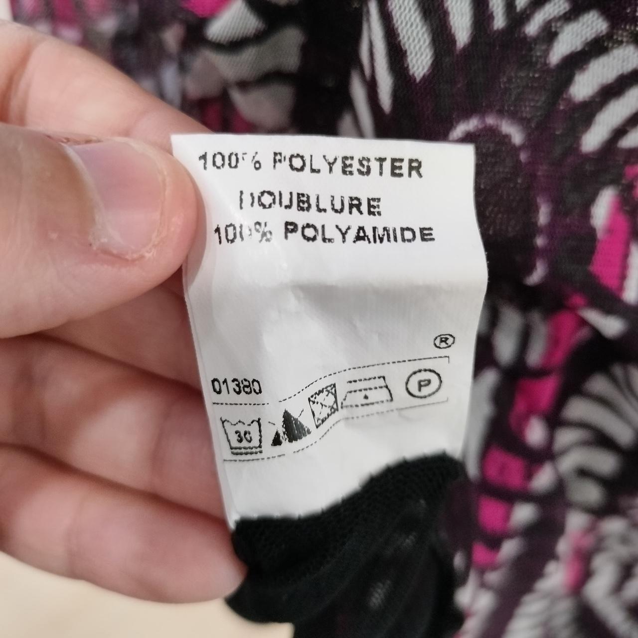 Close-up of clothing care label with polyester and polyamide fabric content