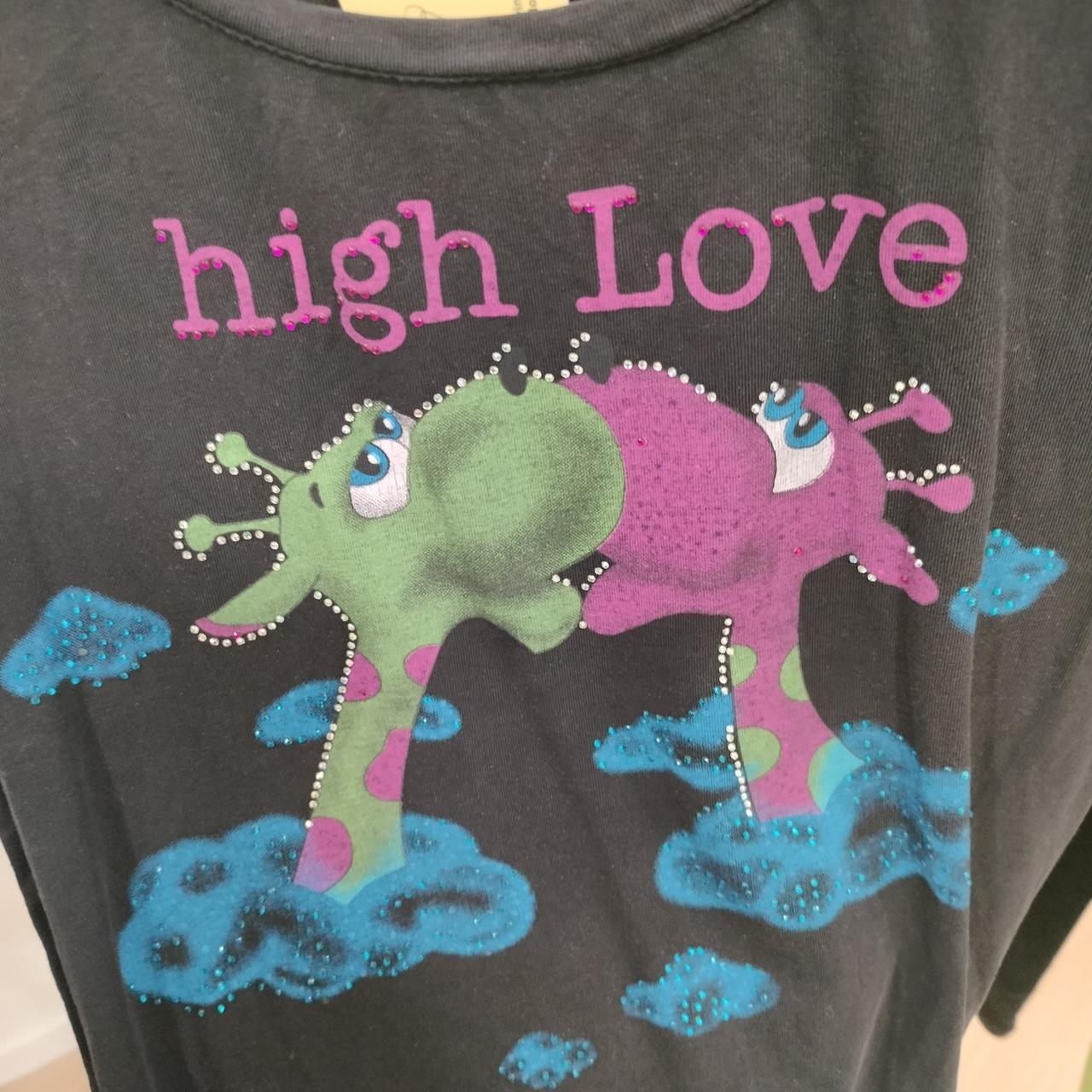 Black shirt with colorful alien design and 'high Love' text