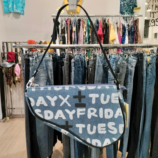 valeria Blue and white denim shoulder bag with black handle