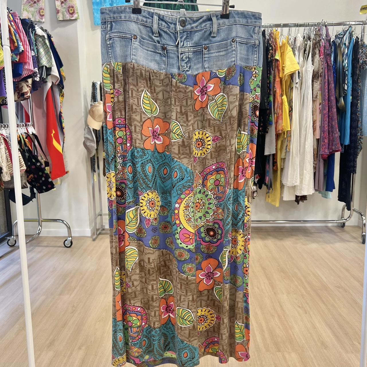 meltin pot reworked maxi denim skirt with floral print