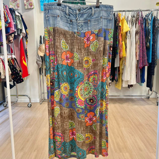 meltin pot reworked maxi denim skirt with floral print