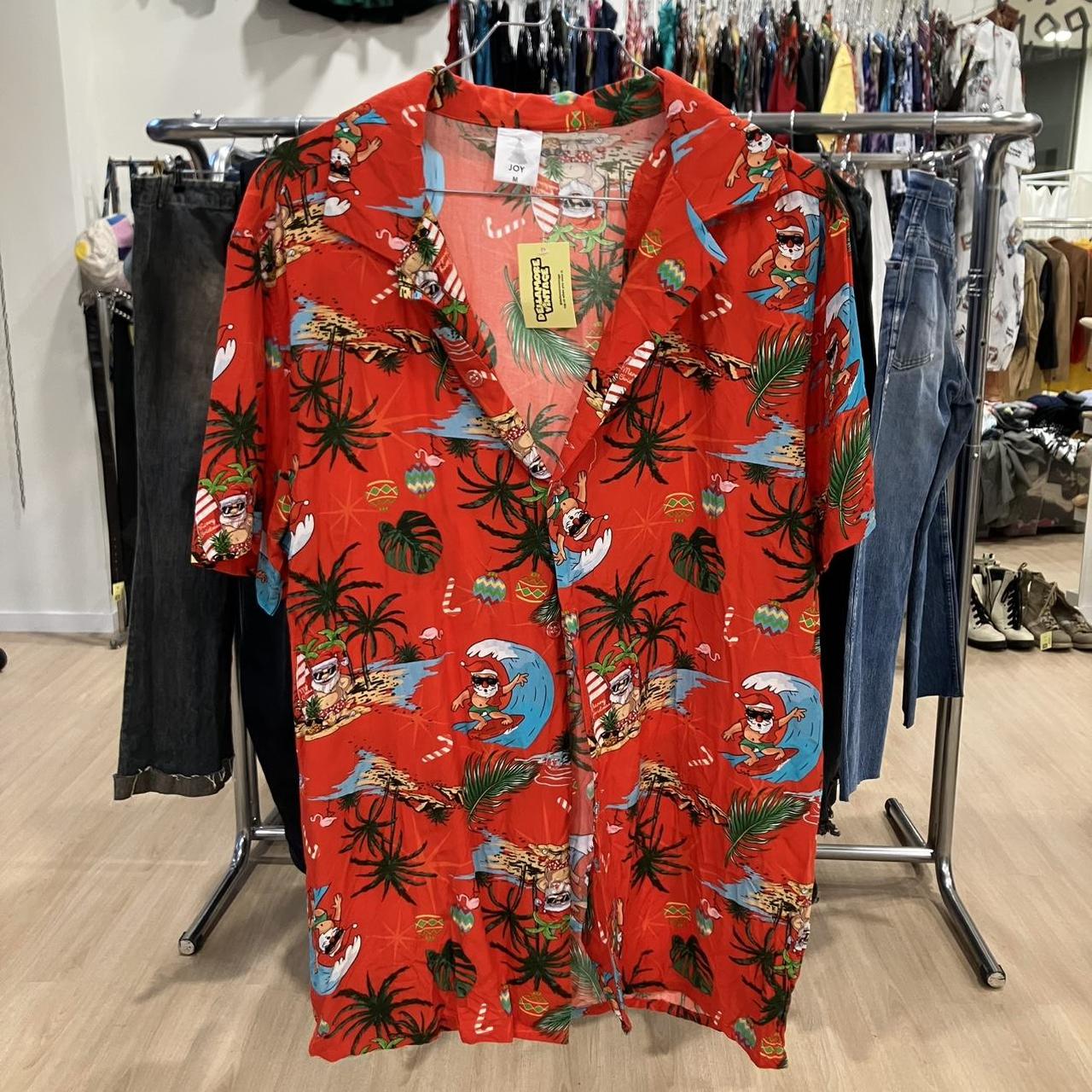 Joy red hawaiian shirt with santa surfing