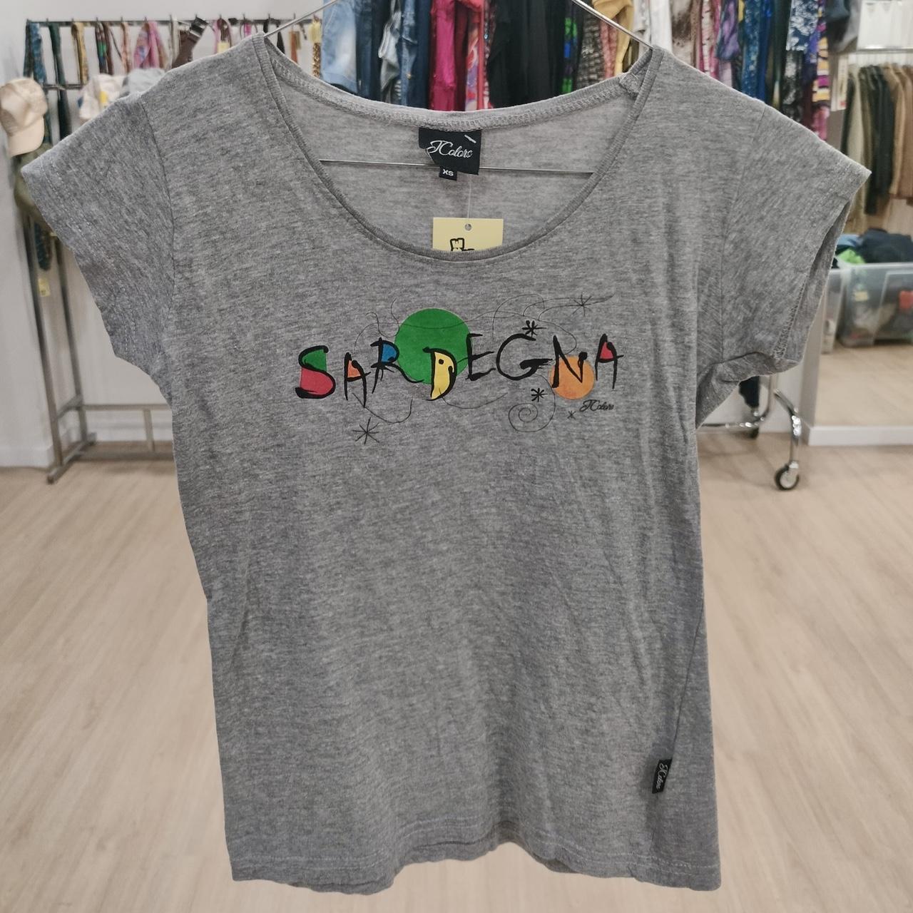Gray short sleeve t-shirt with colorful 'Sardegna' graphic, displayed in a clothing shop